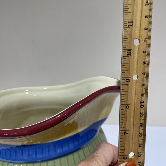 Longaberger Hand Painted Striped Pitcher Bright Multi Color Stripe Large 2 Quart - Picture 12 of 13